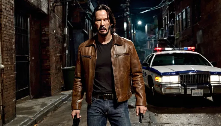 Keanu Reevs dressed in a light brown leather jacket and jeans, with a shotgun in his hand, walking through an alley at night, in the background a (modern police car), hyperrealistic image, cinematographic, cinematography, dark lighting, NOIR image , very d...