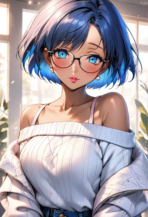 (masterpiece, best quality:1.2), ,1 girl, solo，blue short hair（（（exquisite eyes）））（（off-shoulder sweater））radiant skin，dark skin...