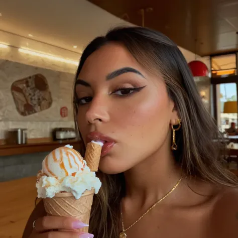 latina woman with a sexy gaze licking an ice cream, detailed face and eyes, highly detailed, 8k, photorealistic, masterpiece, chiaroscuro lighting, dramatic shadows, warm color palette, cinematic composition, elegant pose, sensual and seductive