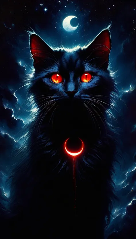 a fierce cat with glowing red eyes, dark satanic magic, night sky with a crescent moon and stars, oil painting, (best quality,4k,8k,highres,masterpiece:1.2),ultra-detailed,(realistic,photorealistic,photo-realistic:1.37),dark,dramatic lighting,dramatic colo...