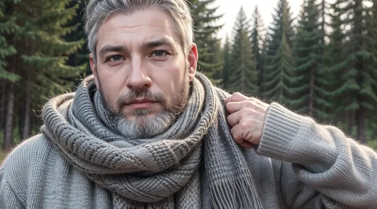 bushy man with beard and scarf, gray hair and beard, 53 years old man with dark gray hair, some gray hair in his beard, short white beard, Gray beard, silver hair and beard, he has a beard and middle aged man 53 years, different poses and clothes and the s...