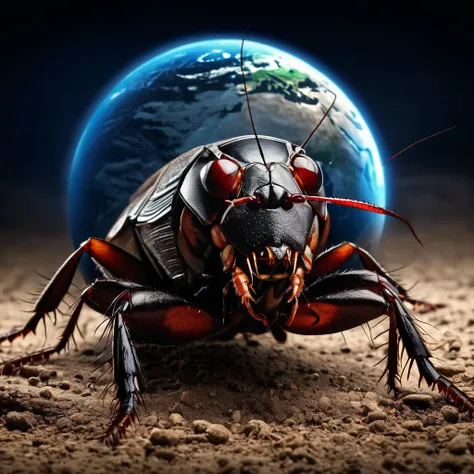 A large and powerful cockroach, with a demonic face with red eyes, open mouth, long and sharp teeth, it plays with a small planet Earth, in a dark earthen desert, with a gloomy atmosphere