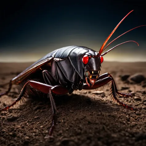 A large and powerful cockroach, with a demonic face with red eyes, open mouth, long and sharp teeth, it plays with a small planet Earth, in a dark earthen desert, with a gloomy atmosphere