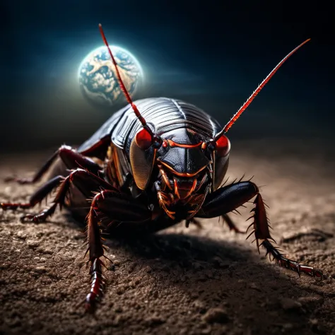 A large and powerful cockroach, with a demonic face with red eyes, open mouth, long and sharp teeth, it plays with a small planet Earth, in a dark earthen desert, with a gloomy atmosphere