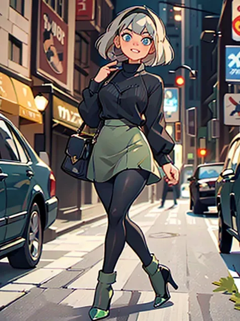 (best quality:1.3), (4K quality),masterpiece, best quality, high res, detailed, (Detailed face:1.2), (Detailed eyes:1.2), gwenclassic2023, platinum blonde hair, bright blue eyes, ((Wearing: black hairband, olive green sweater, grey skirt, shiny black tight...