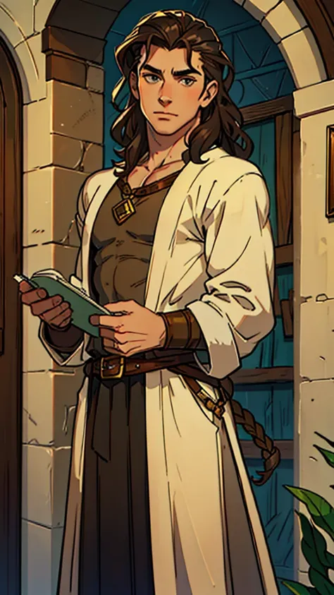 (Caucasian teenager), male, hazel eyes, (wavy brown hair), (hair slicked back), medium hair, long nose, conniving. Fantasy merchant clothes, dungeons and dragons 