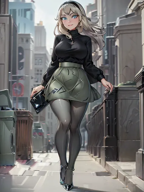 masterpiece, best quality, detailed, 1girl, solo, gwenclassic2023, platinum blonde hair, bright blue eyes, ((Wearing: black hairband, olive green sweater, grey skirt, shiny black tights, black heels:1.2)), holding a handbag, smile, looking at viewer, walki...