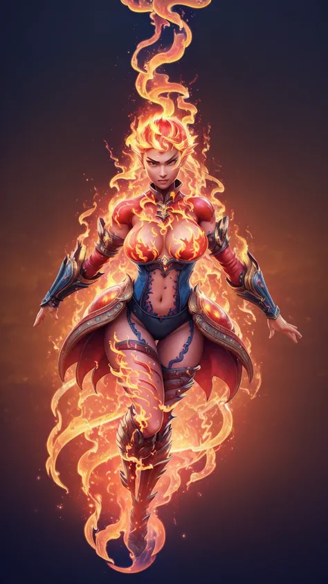 Fantasyart、(top-quality、​masterpiece:1.2)、ultra-detailliert、(photoRealstic:1.1)、(sharp focus)、(A female spirit of melted flame that burns bright red:1.5)、(full body Esbian:1.4)、Detailed Molten Fire Elemental, fire demon wings、(Red and Yellow Blue Flame:1.5...