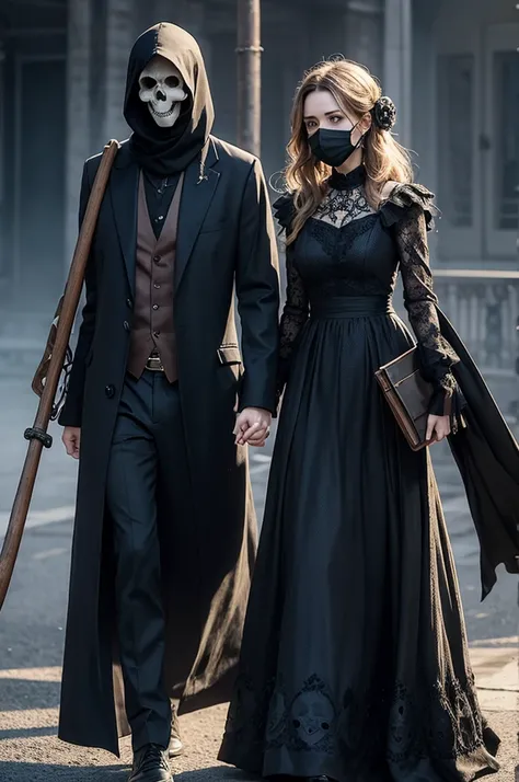 Skull with long dress and mask from the movie Panic, with notebook in one hand and scythe in the other 