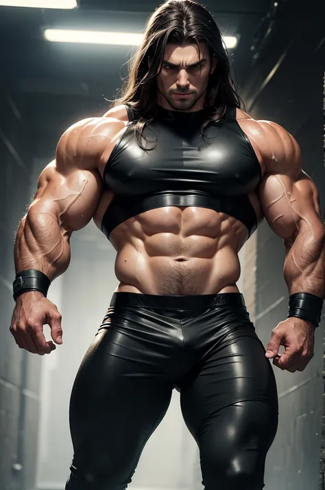 Realistic 8K image of a handsome, strong man, 25 years old, long brown hair, brown eyes, angry expression, dressed in a simple black leather crop top, bandages wrapped around his arms, charging forward in rain,wet and sweaty body,large underground dungeon ...