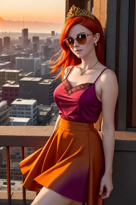 The image depicts a fiery redhead with freckles in shades of pink, purple, and orange. Its eyes lock with a sense of mystery, and the ears are in deep, deep black. The redhead wears delicate, expressive clothing, featuring a vibrant, lively skirt with a sl...