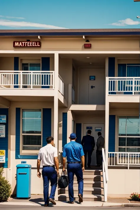 Two men arriving at a motel