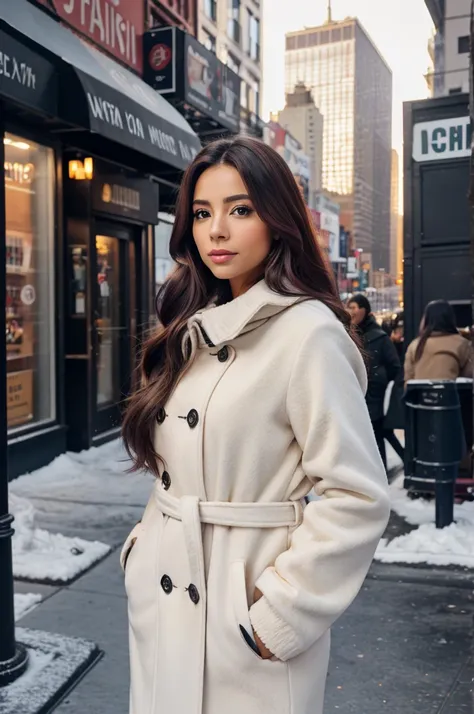 __hair color__, Latina woman, long hair, New York City background, winter, professional, 4K, HD, UHD, 8K, high detail, ultra definition