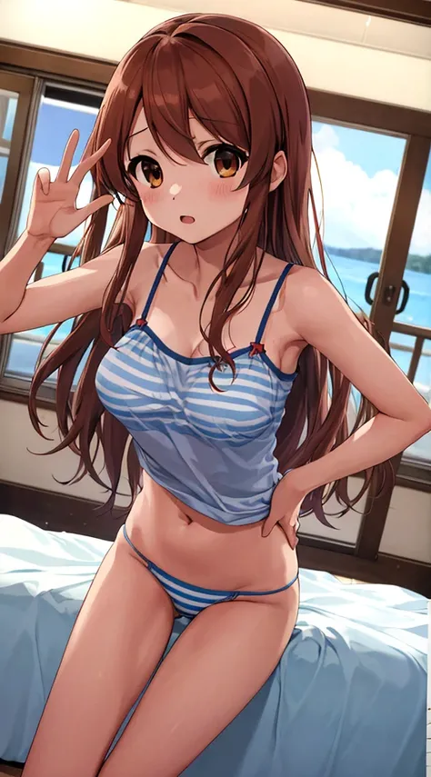 In underwear、Panties丸見え、Blue Stripes々Panties、Blue Stripes々Bra mikuru1, 1girl, asahina mikuru, long hair, kita high , 独奏,  short sleeves, red ribbon, large breasts, cowboy shot, waving, outdoors, leaning forward,