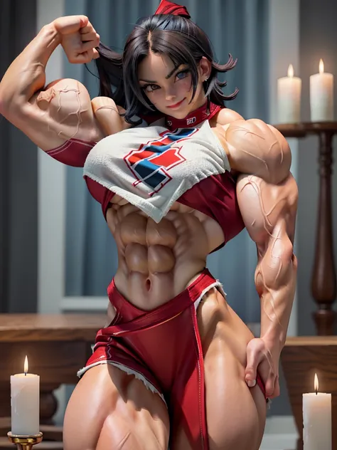 arafed female bodybuilder posing in front of candles, muscular ultraviolent woman, muscular and terrifying, strong and imposing, feminine and muscular, exaggerated physique, Dark goddess with six arms, exaggeratedly large physique, coxas musclegirls, detai...