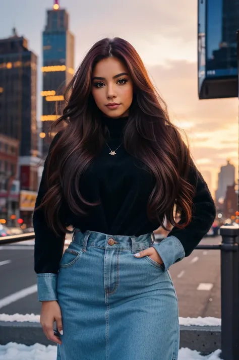 __hair color__, Latina woman, long hair, New York City background, winter, professional, 4K, HD, UHD, 8K, high detail, ultra definition