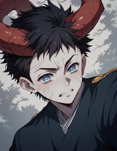 a boy with messy black hair, pale skin, blue eyes, white haori with red spots and the demon hunter uniform