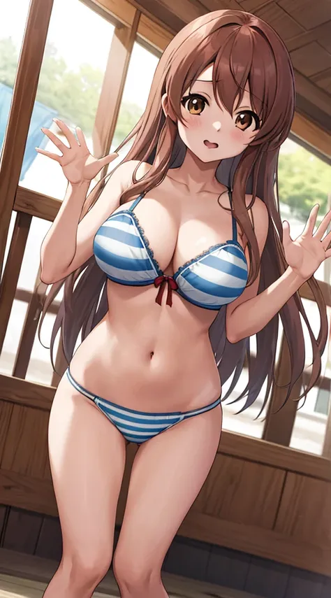 In underwear、Panties in full view、Blue Stripes々Panties、Blue Stripes々Large bra 1, 1girl, asahina mikuru, long hair, kita high , solo,  short sleeves, red ribbon, large breasts, cowboy shot, waving, outdoors, leaning forward,