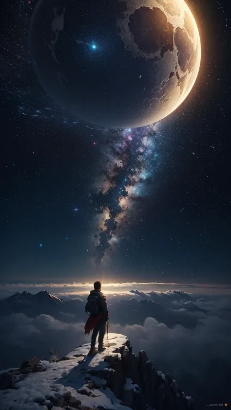 (highly detailed cg unity 8k wallpaper), a man looking up at the night sky, the most beautiful space art panorama, sf universe s...