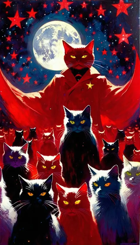 the conclave of the communist cats, sinister, evil, demonic,red star, magic, fantastic, night sky, moon, stars, background, (art inspired in Bill Sienkiewicz). oil painting)
