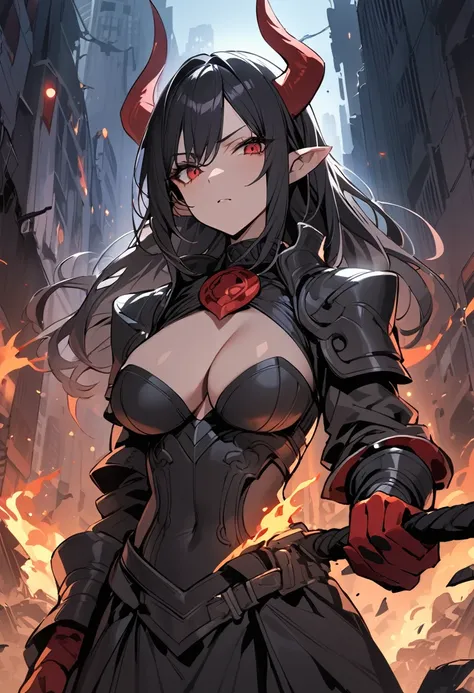 Masterpiece, best quality, 1girl, female version of Hellboy, pointy ears, horns,  busty, small waist, white grey hair, large hips, cleavage, black hair, dark wings, armor, upper body, from front, holding a flaming whip, arrogant look, in a destroyed city, ...