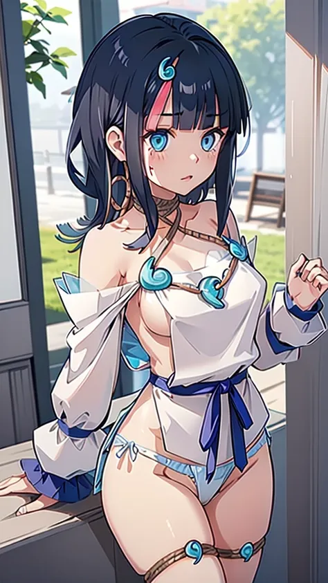 In underwear、Blue Bra、Blue Panties、Panties in full view、In underwear、 1girl,   utsumiericeFA,long sleeves, bare shoulders, jewelry, puffy sleeves, necklace,, streaked hair,  blue ribbon, puffy long sleeves,magatama,