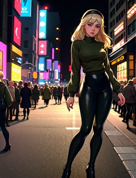 (masterpiece,best quality,absurdres,beautiful,aesthetic,detailed),cinematic angle, (Detailed face:1.2), (Detailed eyes:1.2), 1girl, solo  (Gwen Stacy:1.1), platinum blonde hair, bright blue eyes, ((Wearing: Black headband, olive green sweater, black leggin...