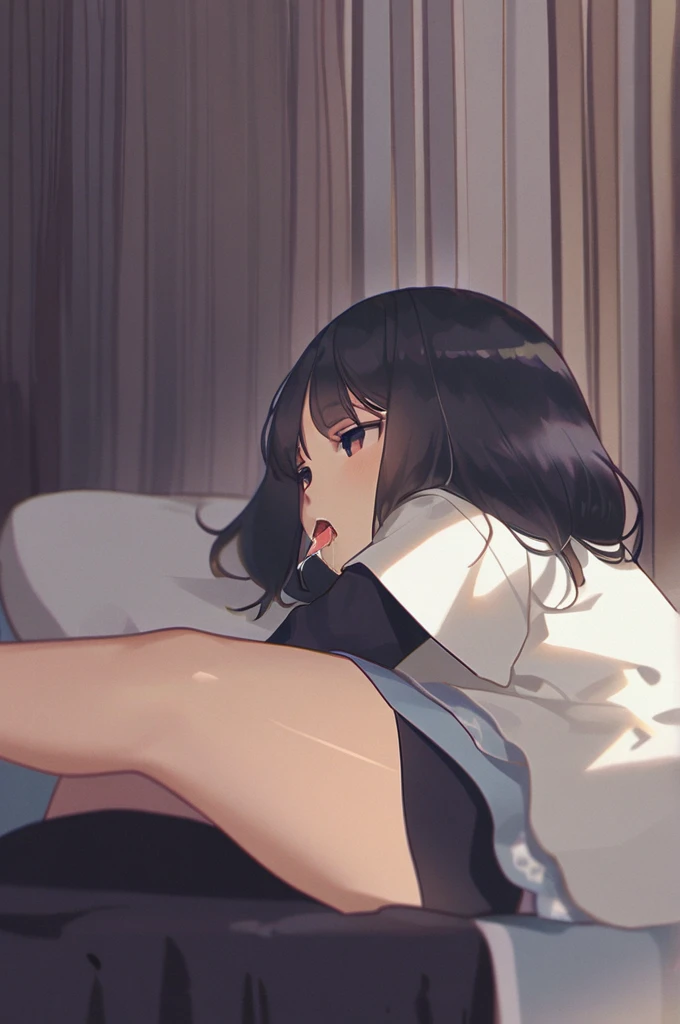 ((Лучшее качество)), ((шедевр)), (подробный), a girl of about 14 years old can be seen in full height, elastic ass lying on the bed with her legs spread, black hair, eyes looking up, put out her tongue, saliva dripping from her tongue