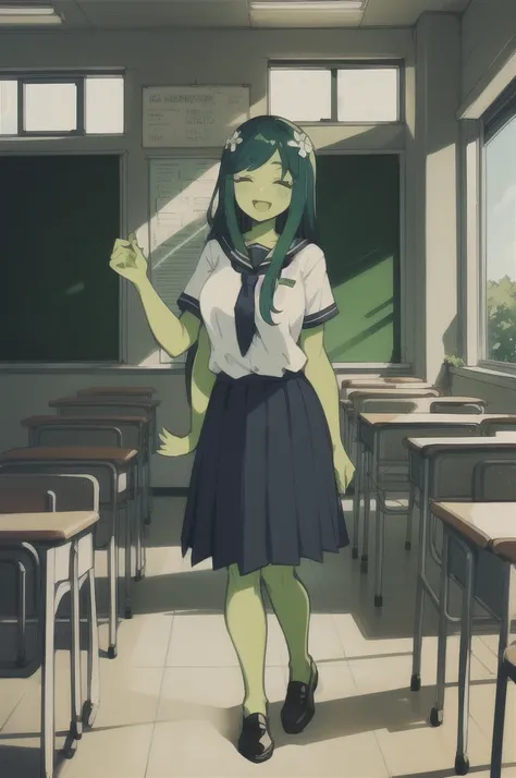 (1alraunegirl ,20s,mature female,adult),happy,white shirt,short sleeves,black standard tie,black school skirt,green hair,long hair,(classroom),full body,alraune, flower, vines,((pure green skin,colored skin))