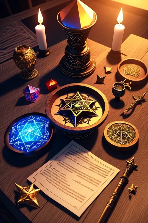 the table containing the items, pentacles, cup, sword, wand holographic filled with runic equations,demonstration in the demon w...