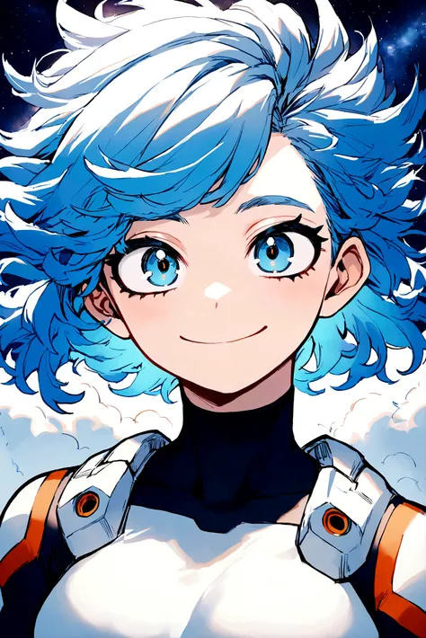 My hero academia, girl with galaxy style hair and bright blue eyes with a smile on her face