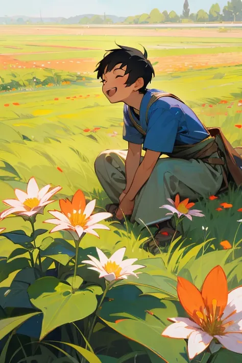 Asian boy sitting on his back looking up happy with a field of flowers background