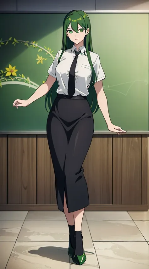 (1alraunegirl ,20s,mature female,adult),happy,white shirt,short sleeves,black standard tie,black school skirt,green hair,long hair,(classroom),full body,alraune, flower, vines,(pure green skin,colored skin,flower body)