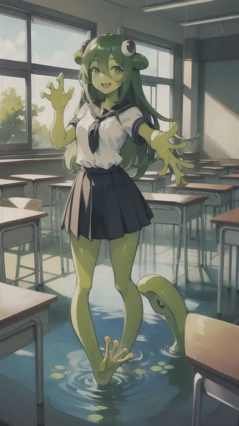 (1alraunegirl ,20s,mature female,adult),happy,white shirt,short sleeves,black standard tie,black school skirt,green hair,long hair,(classroom),full body,frog girl,all four,pond