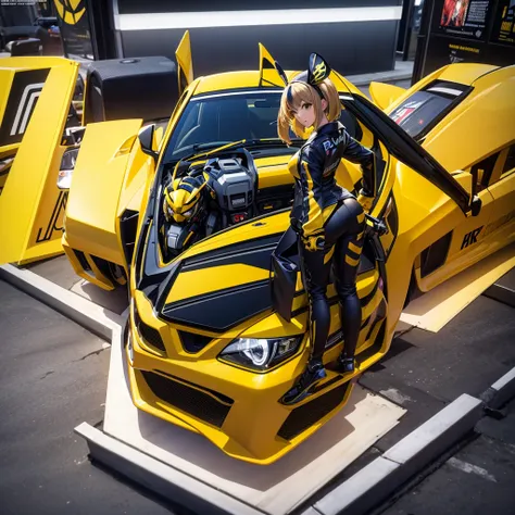 (Ultra hd), (full hd 8k regulations), (masterpiece), transformer ( bumblebee) with anime Girl combo,  advance car, bumblebee transformation anime, illustration, 3d rendering, photo, ceramics 