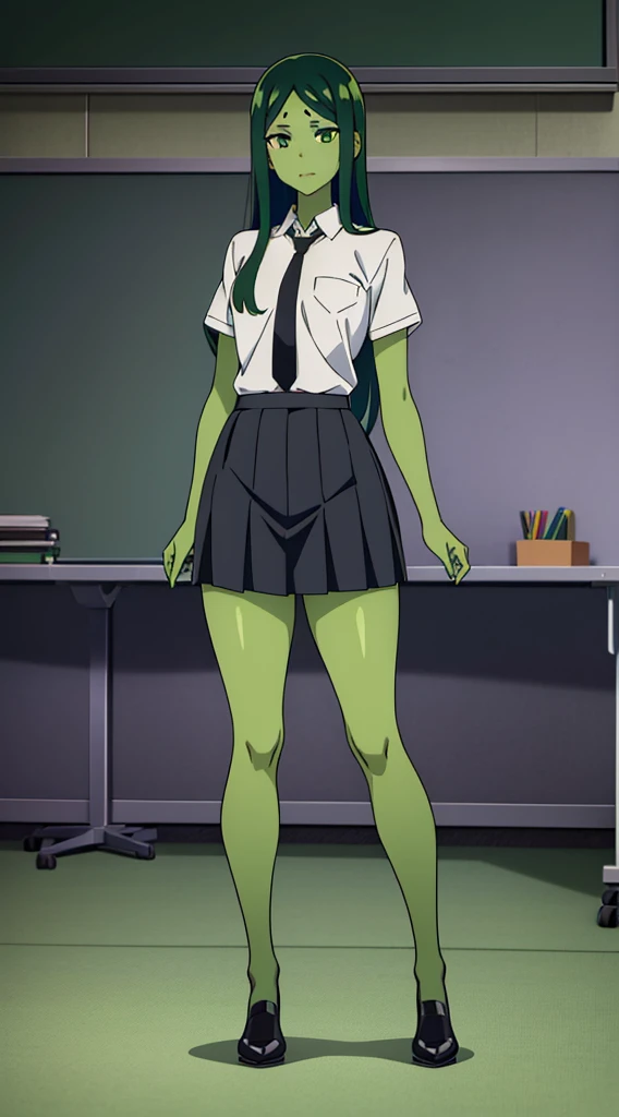 (1alraunegirl ,20s,adult),happy,white shirt,short sleeves,black standard tie,black school skirt,green hair,long hair,(classroom),full body,alraune, flower, vines,(((pure green skin,colored skin,))