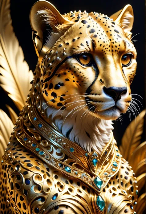 cheetah made of gold metal, (masterpiece), (high quality), 8k, high resolution, extremely detailed,