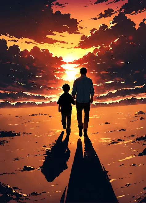 Father and son walking towards the sunset, Fathers Day
