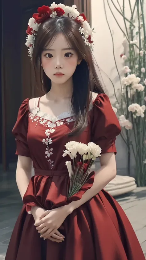 a beautiful young girl with a sad face wearing a red dress holding white flowers at a funeral, extremely detailed eyes and face, longeyelashes, detailed clothing folds, intricate floral details, dramatic lighting, muted color palette, melancholy atmosphere...