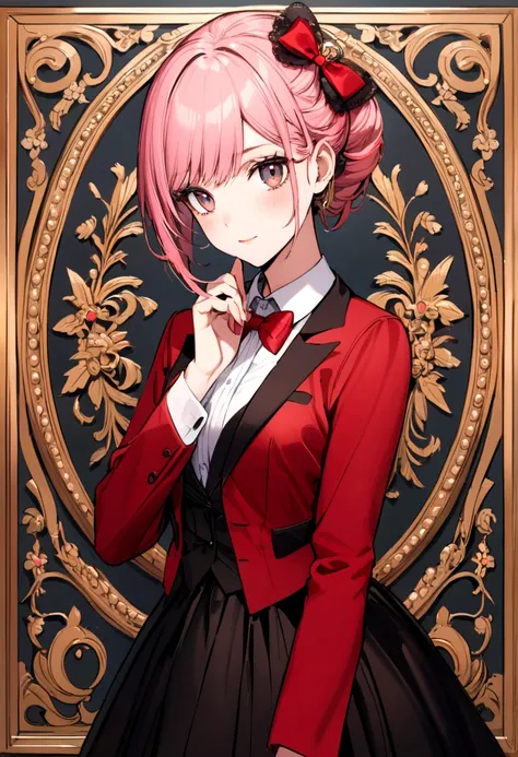 Girl with pink hair, in formal wear with red sleeves, in a black skirt, with a red bow on his head 
