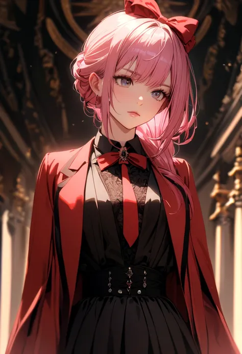 Girl with pink hair, in formal wear with red sleeves, in a black skirt, with a red bow on his head 
