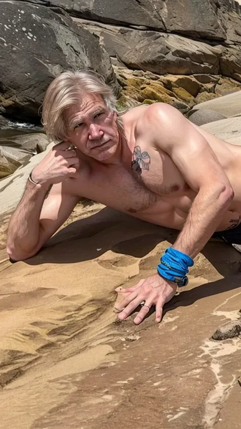 there is a man lying on a rock with his arm across his chest, 4 5 them, Biden shirtless and with tattoos, 5 5 them, leaked photo, taken at the beginning of 2020, 45 years old men, Donald Trump on the beach, myself, Harrison Ford, an artistic pose, Harrison...