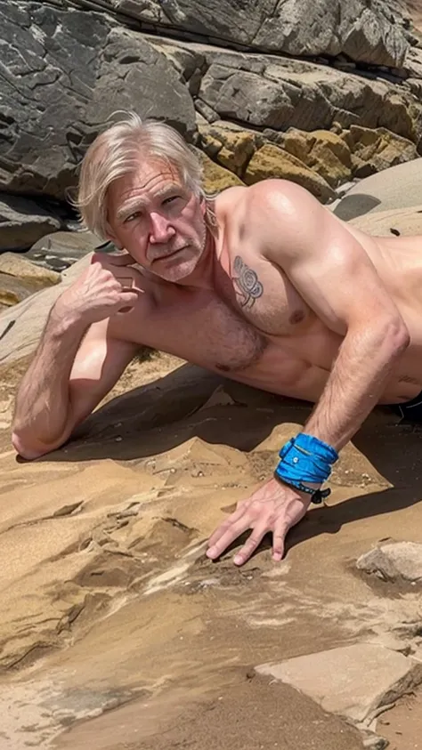 there is a man lying on a rock with his arm across his chest, 4 5 them, Biden shirtless and with tattoos, 5 5 them, leaked photo, taken at the beginning of 2020, 45 years old men, Donald Trump on the beach, myself, Harrison Ford, an artistic pose, Harrison...