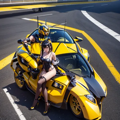 (Ultra hd), (full hd 8k regulations), (masterpiece), transformer ( bumblebee) with anime Girl suits like bumblebee,  advance car, bumblebee transformation car and girl riding motorcycle with bumblebee anime, illustration, 3d rendering, photo, ceramics 