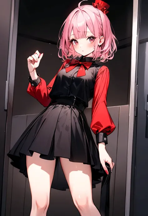 Girl with pink hair, wearing formal black clothes with red sleeves, in a black skirt, Red bow on the head 