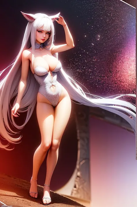 A beautiful girl with cat ears, long white hair, and a furry cat tail, red eyes, wearing white Qipao with red flowers details, slender figure with large breasts, (best quality,4k,8k,highres,masterpiece:1.2),ultra-detailed,(realistic,photorealistic,photo-re...