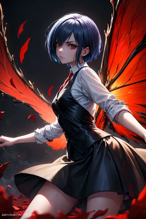 the image depicts a young woman with a dark and intense appearance. her short blue hair is messy, partially covering her pale fa...