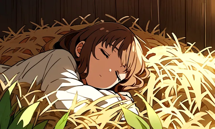 A brown-haired girl sleeping in a stable lying on the straw