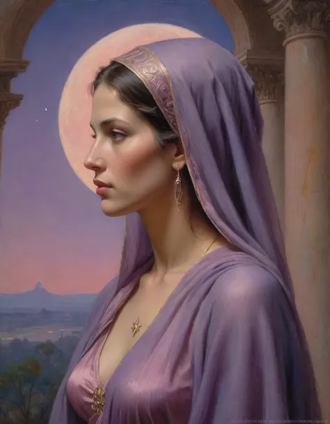 Masterpiece, (realistic), (pastel painting), ((Moebius Jean Giraud)), ((((haughty upright profile portrait of a veiled Roman woman, young, priestess, sensual, imposing, dignified, proud, arrogant, wearing silk, purple and pink robes with detailed crescent ...