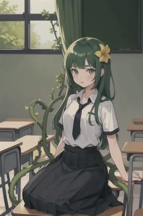 1girl,20s,adult, alraune, white shirt,short sleeves,black standard tie,black school skirt,green hair,long hairmflower, vines on body, full body, classroom